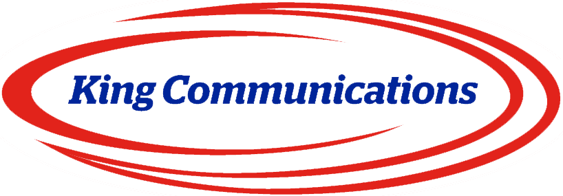 King Communications logo: A sleek and modern design featuring the company name in bold, professional typography, with a regal crown motif above the letter 'K'.